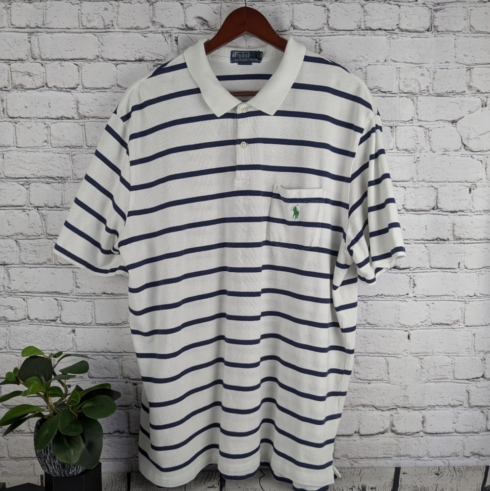 Polo short sleeve striped blue cotton shirt, pocket, XXL 2XL